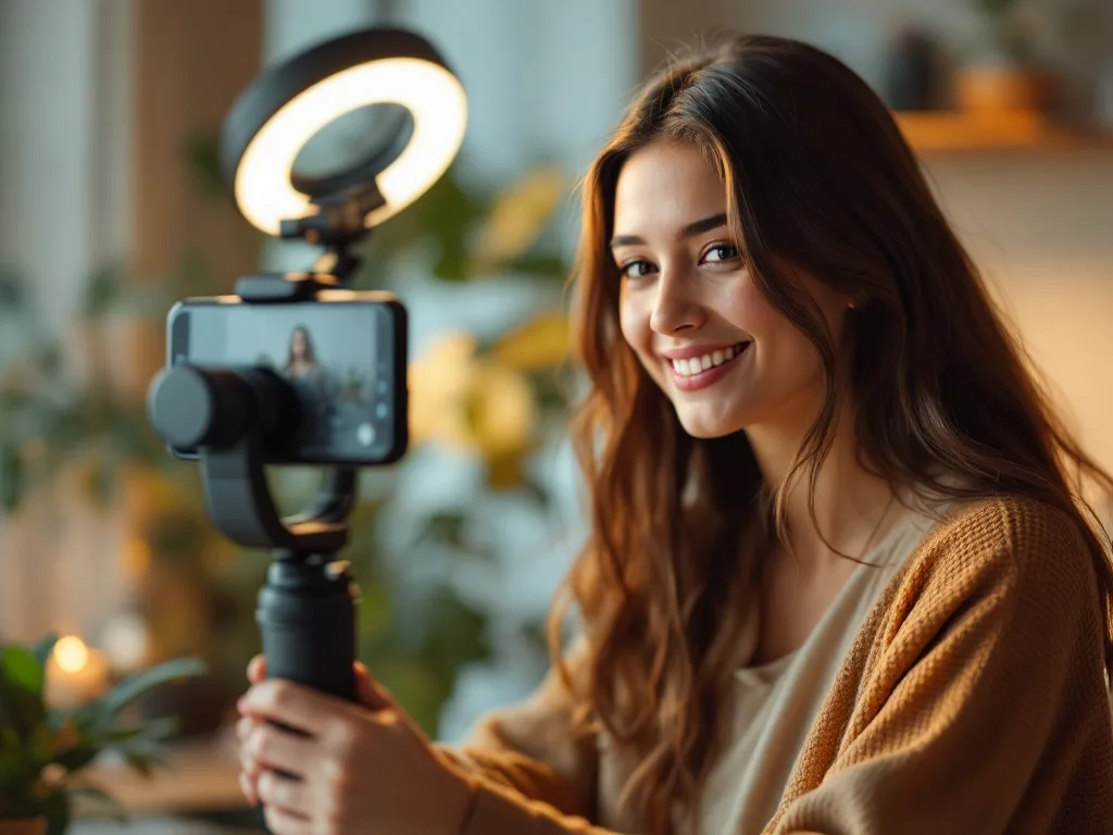 Content-Creatorin filmt sich mit Smartphone und Ringlicht