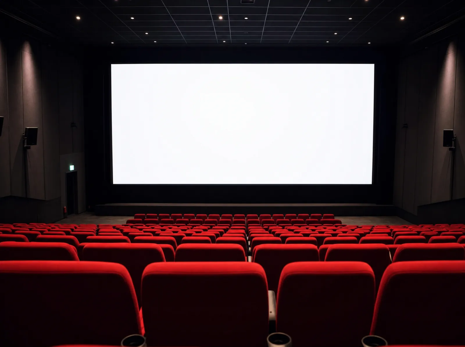 Moderner Kinosaal mit großer Leinwand und roten Sitzreihen