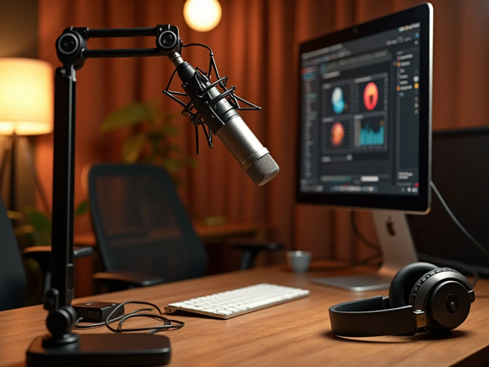 Podcast-Setup mit Mikrofon, Kopfhörern und Audio-Interface