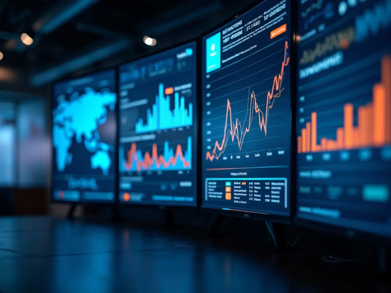 Programmatic-Advertising-Dashboard mit Datenflüssen auf mehreren Bildschirmen