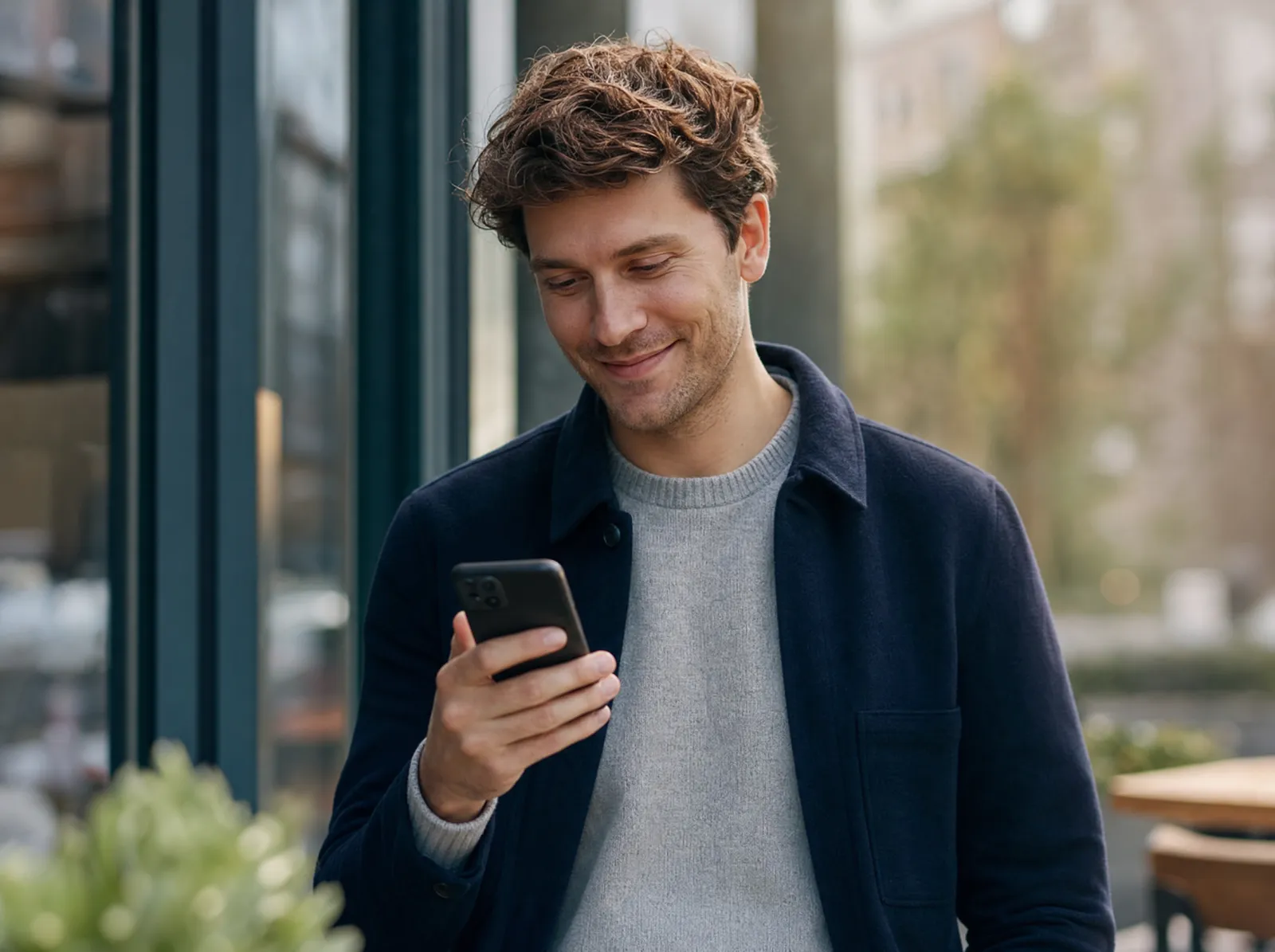 Junge Fachkraft schaut auf dem Smartphone eine Stellenanzeige in Social Media