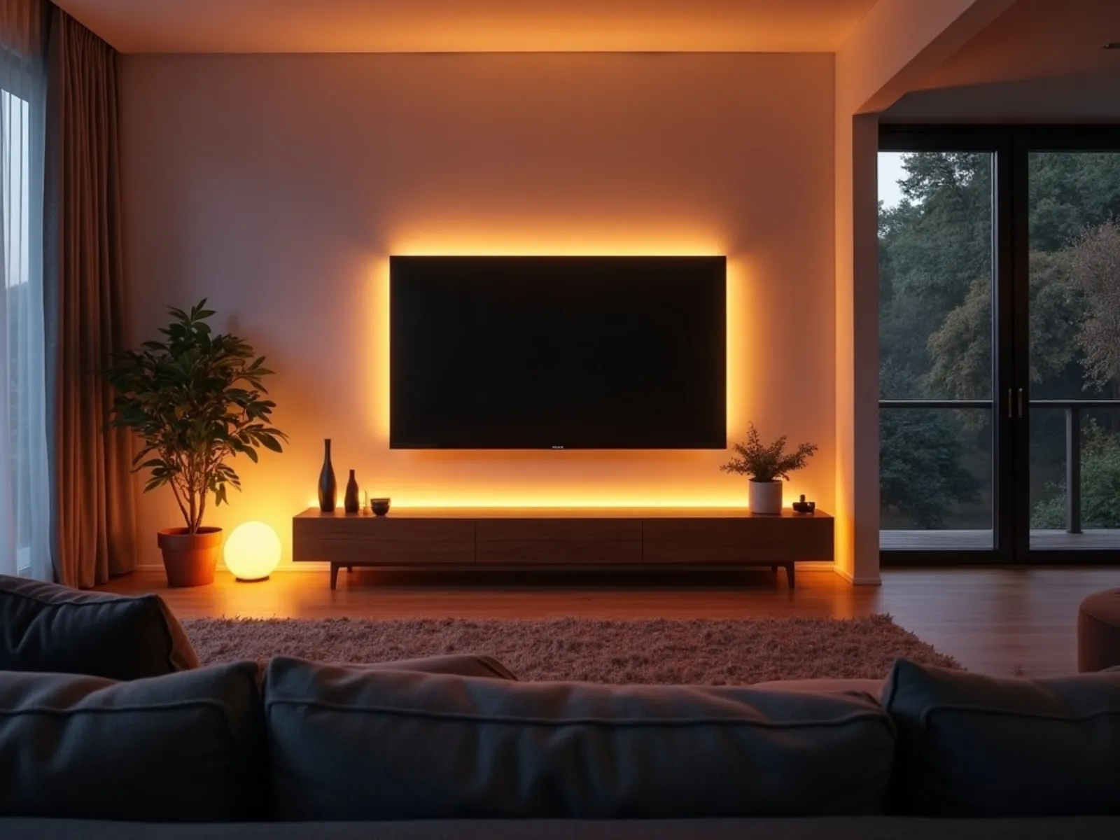 Moderner Smart-TV in einem Wohnzimmer am Abend
