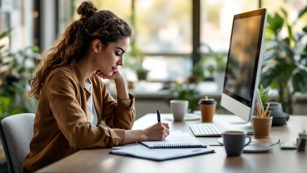 Person schreibt am Schreibtisch mit Laptop und Notizbuch