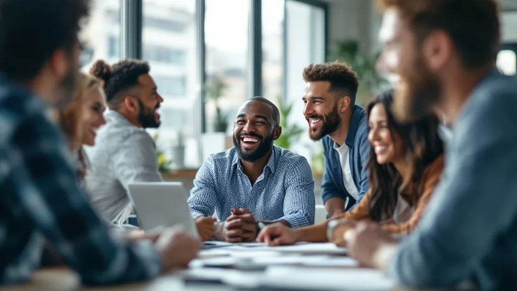 Vielfältiges Team lacht gemeinsam im modernen Büro