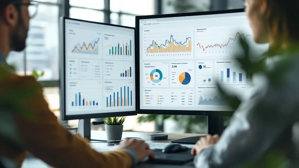 Analyst prüft Werbe-Performance-Daten auf zwei Monitoren