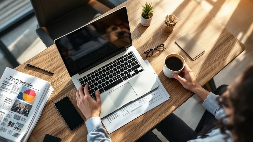 Arbeitsplatz mit Zeitung, Laptop und Smartphone – Print und Online