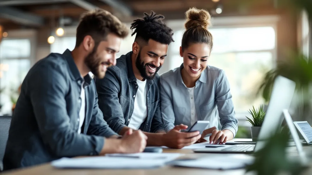 Junges Team schaut gemeinsam auf ein Smartphone im Büro