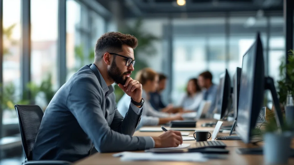 Unternehmer wägt eine Entscheidung ab, Team im Hintergrund