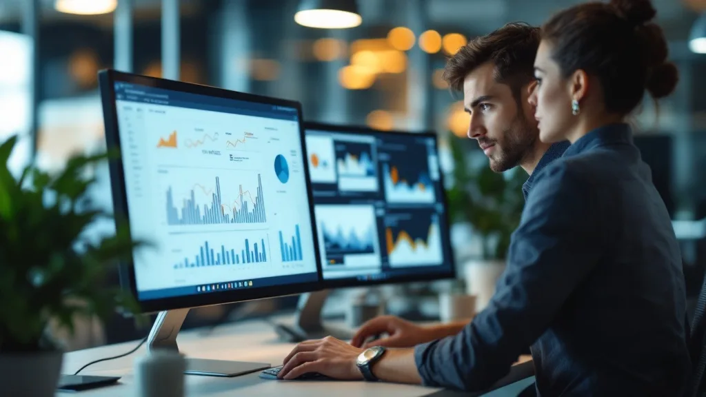 Marketer vergleicht Daten auf zwei Monitoren
