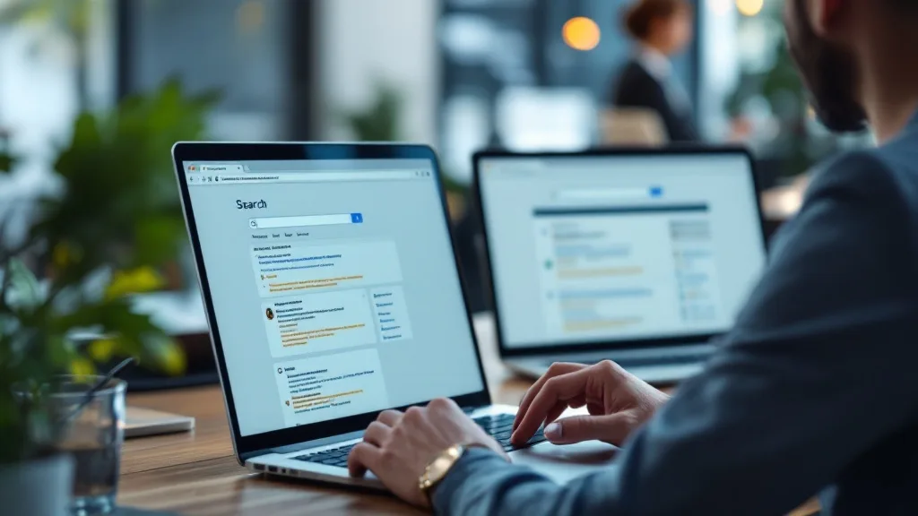 Person vergleicht zwei Browserfenster am Laptop