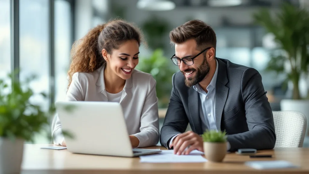 Beraterin und Kunde besprechen ein Marketing-Angebot am Laptop