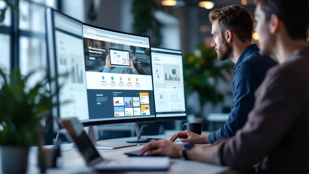 Team arbeitet am Website-Redesign vor Bildschirmen