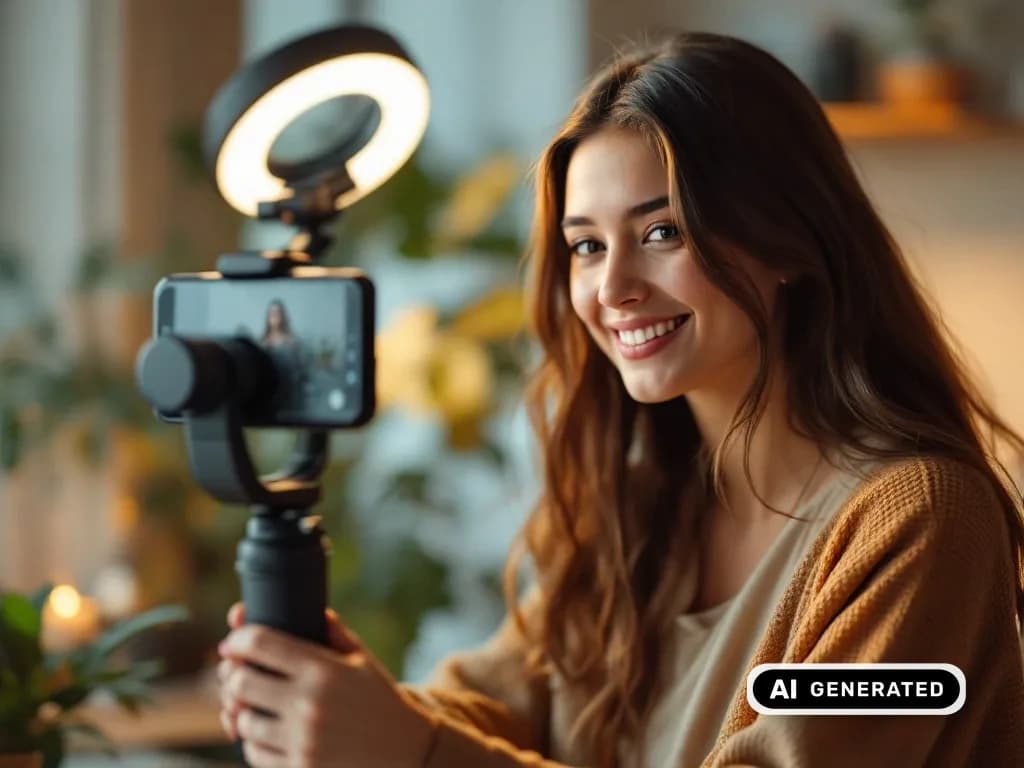 Content-Creatorin filmt sich mit Smartphone und Ringlicht