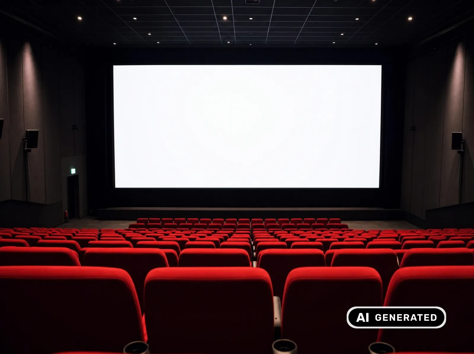 Moderner Kinosaal mit großer Leinwand und roten Sitzreihen