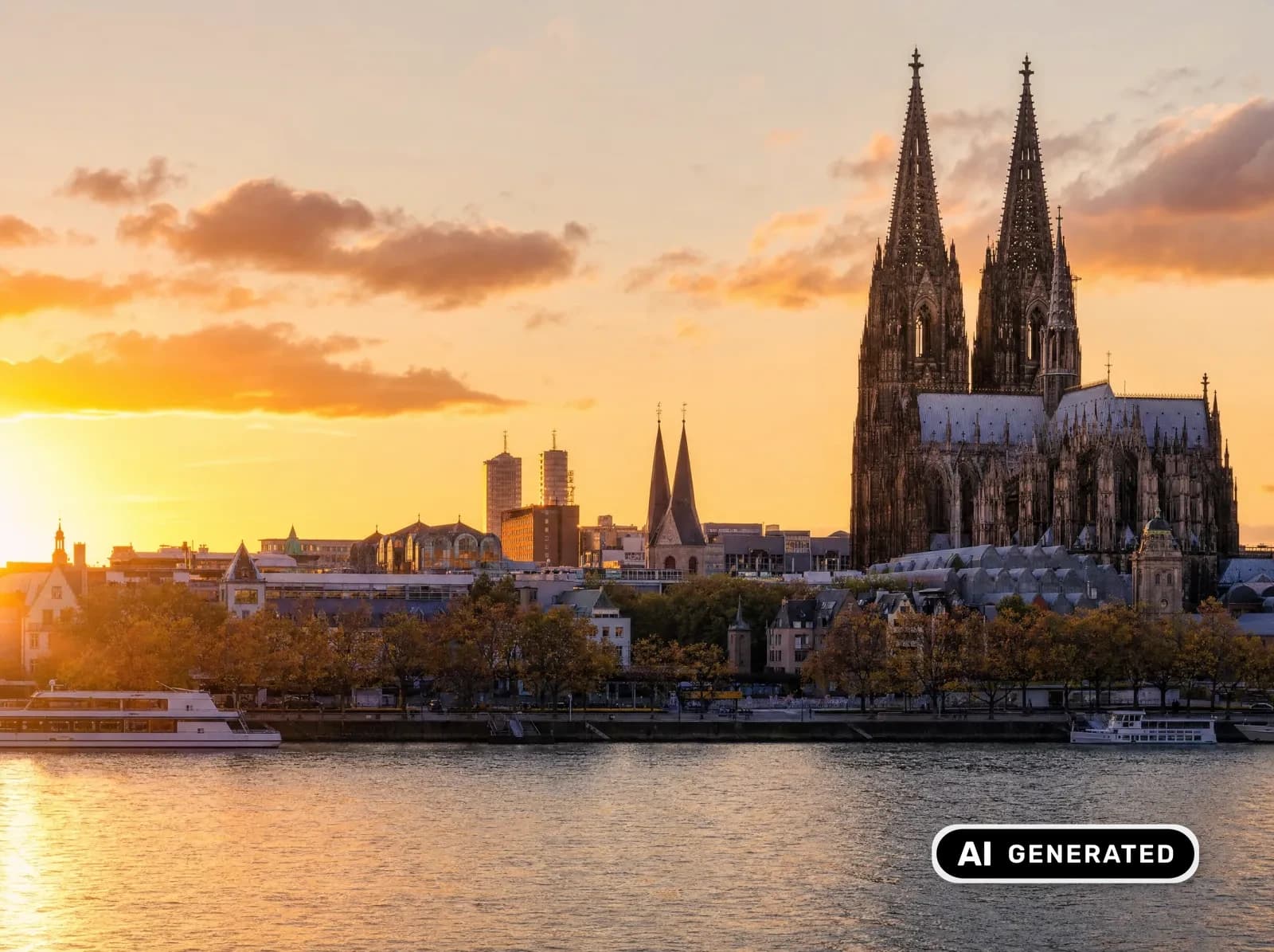Kölner Dom und Rheinpanorama im warmen Abendlicht