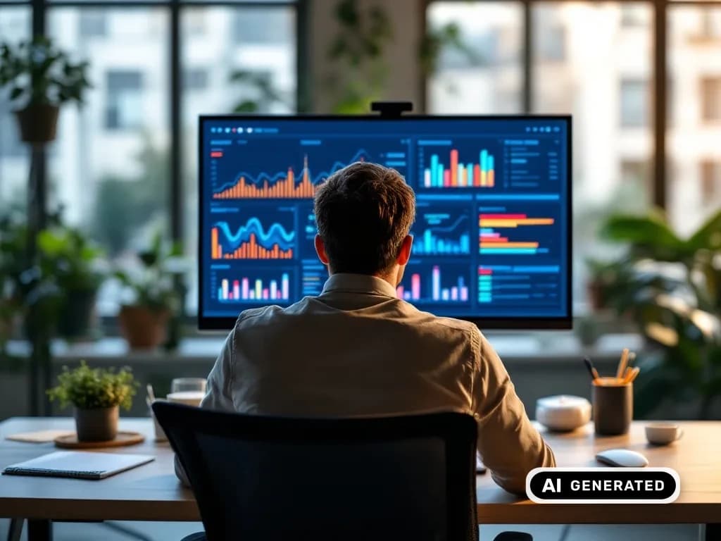 Marketing-Profi analysiert ein Performance-Dashboard am Laptop
