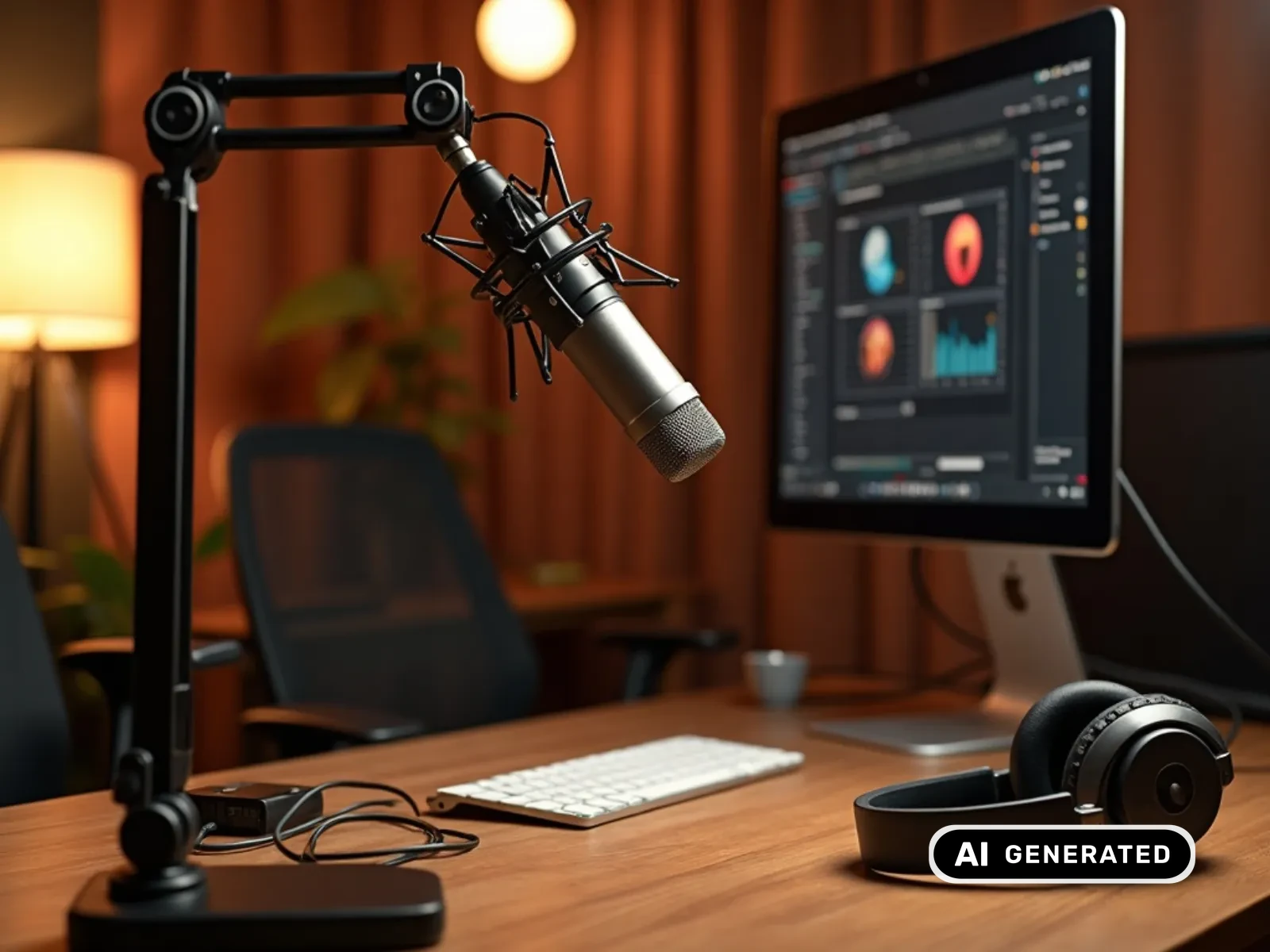 Podcast-Setup mit Mikrofon, Kopfhörern und Audio-Interface
