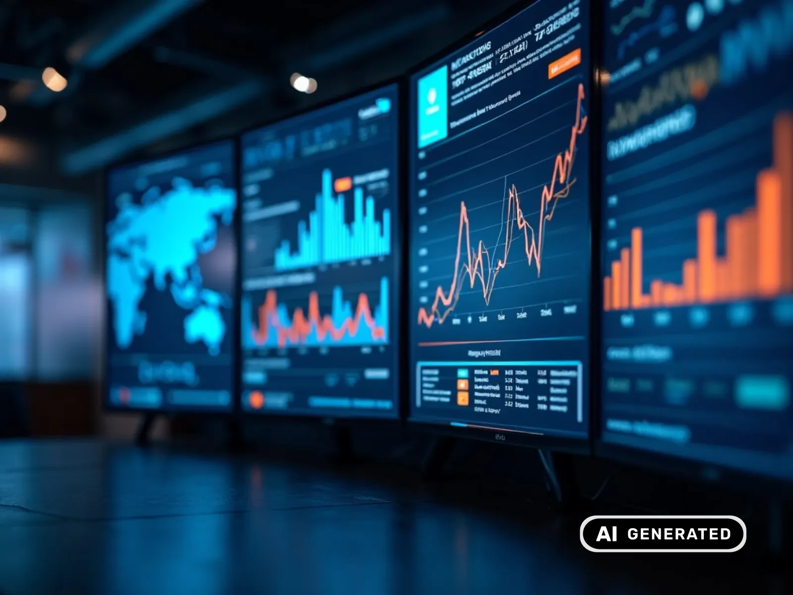 Programmatic-Advertising-Dashboard mit Datenflüssen auf mehreren Bildschirmen