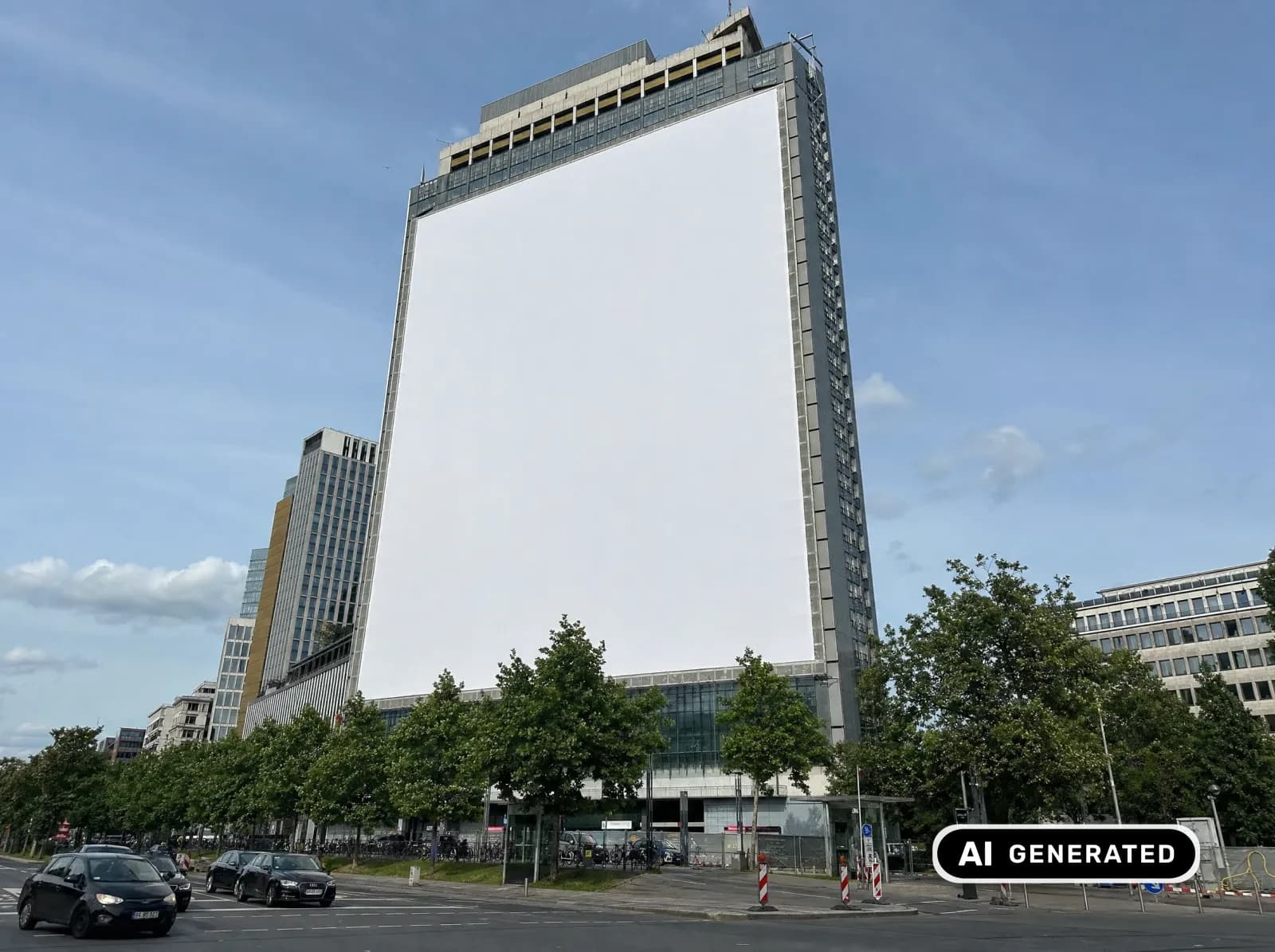 Riesenposter an einer Hochhaus-Fassade in einer deutschen Großstadt