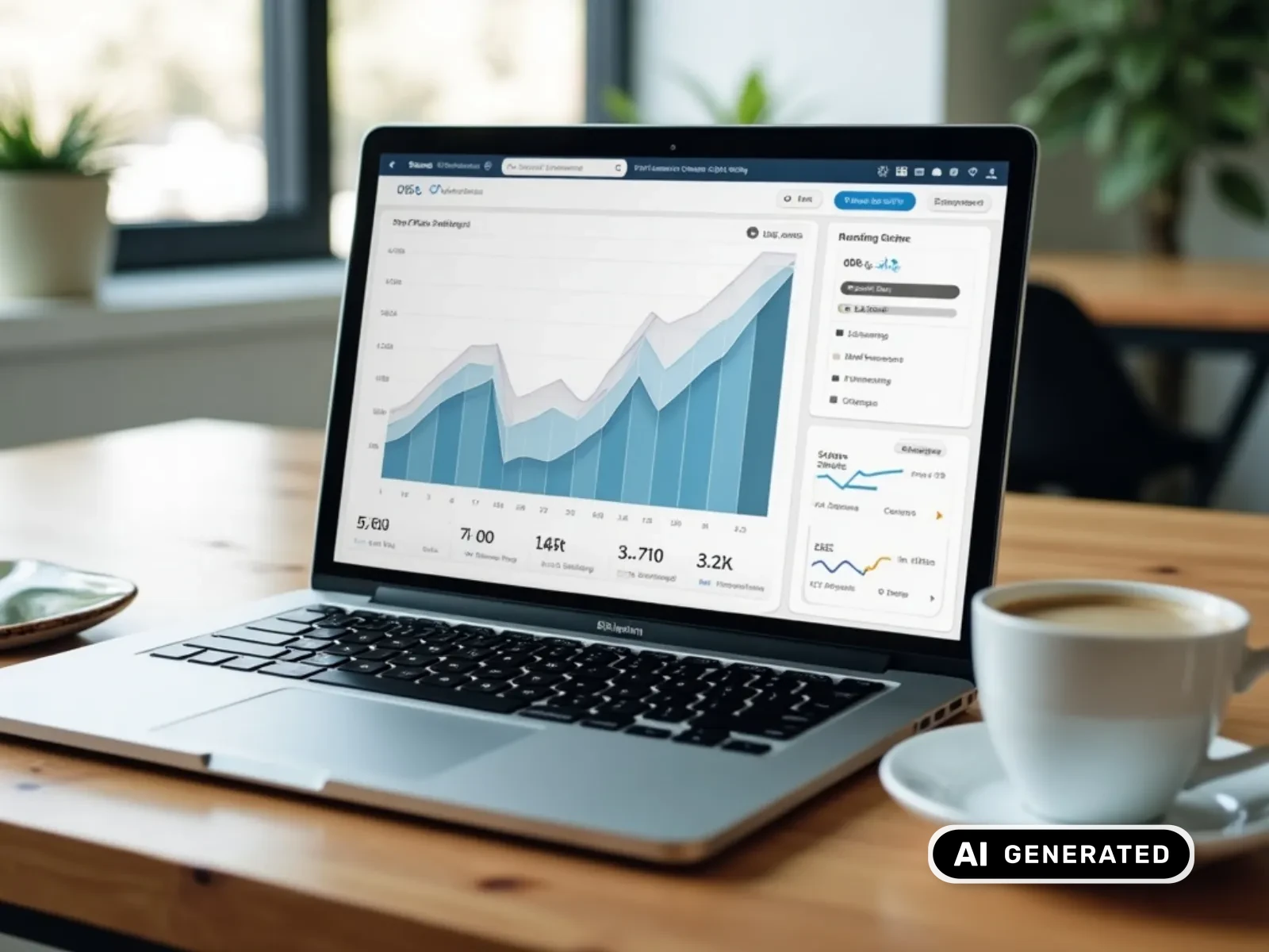 Laptop mit SEO-Analyse-Dashboard und steigenden Ranking-Kurven