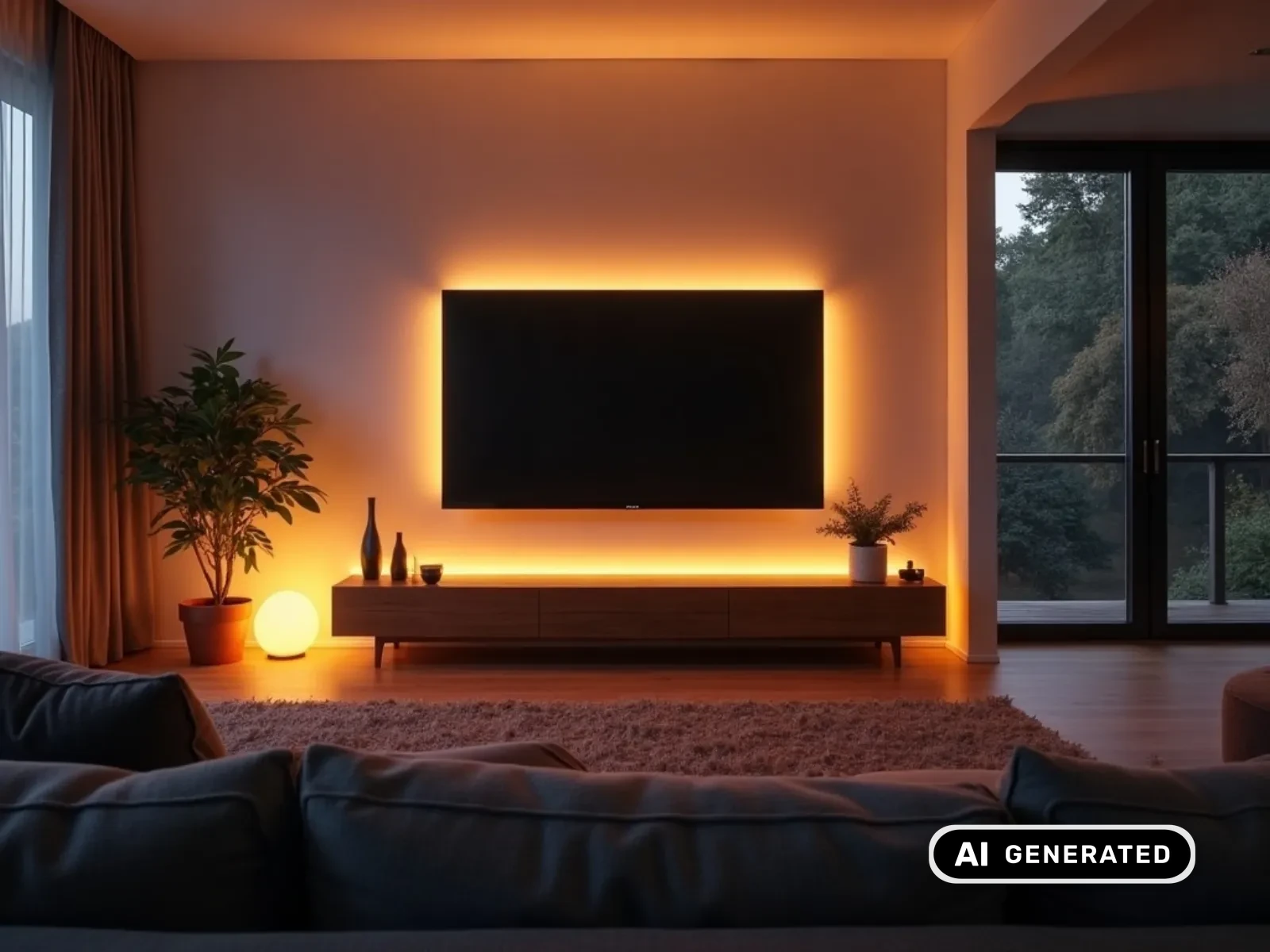 Moderner Smart-TV in einem Wohnzimmer am Abend