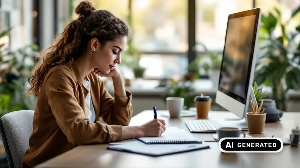 Person schreibt am Schreibtisch mit Laptop und Notizbuch