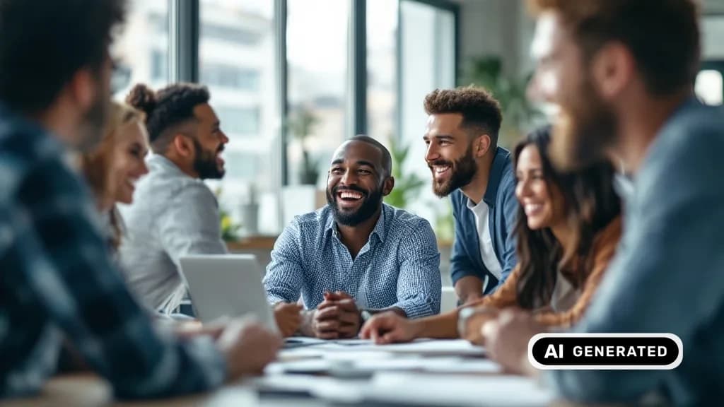 Vielfältiges Team lacht gemeinsam im modernen Büro