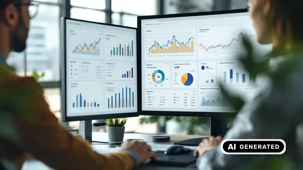 Analyst prüft Werbe-Performance-Daten auf zwei Monitoren
