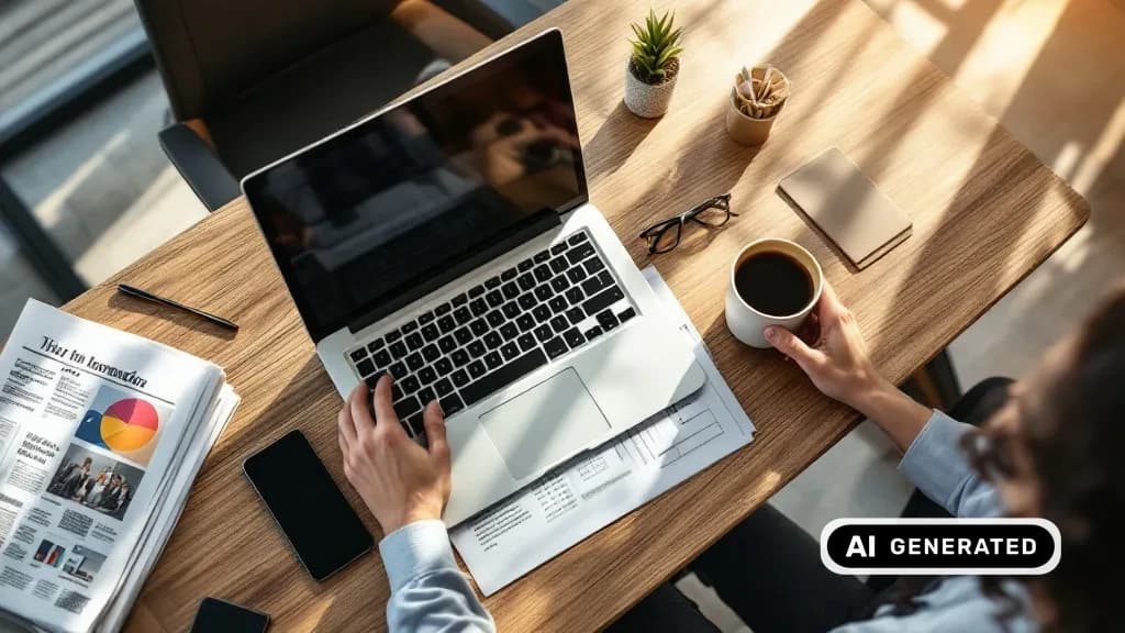 Arbeitsplatz mit Zeitung, Laptop und Smartphone – Print und Online