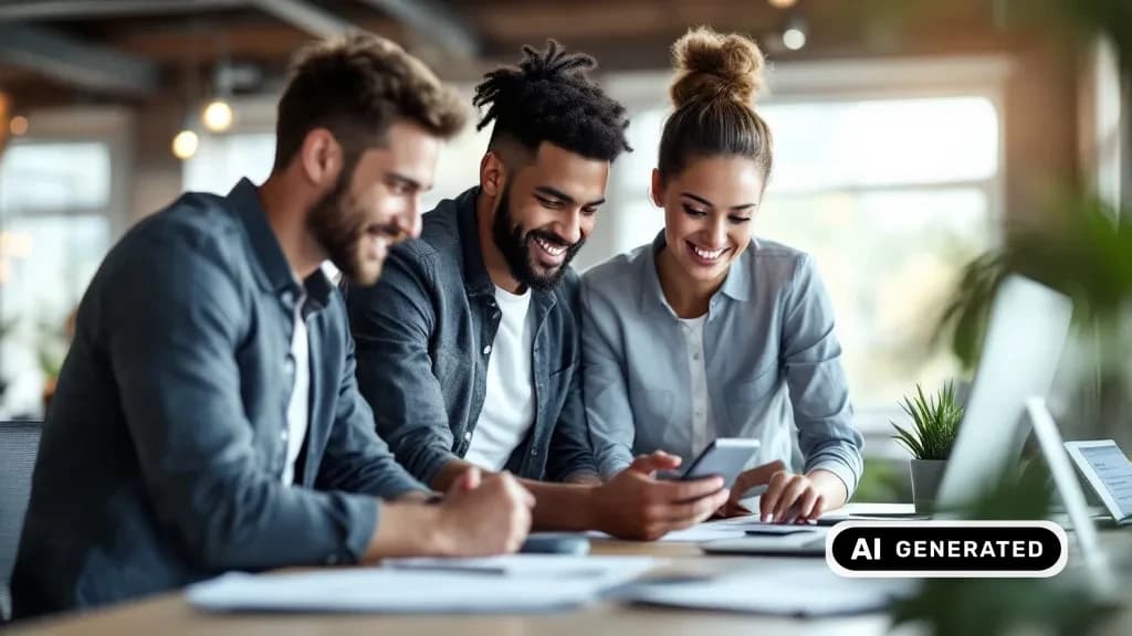 Junges Team schaut gemeinsam auf ein Smartphone im Büro