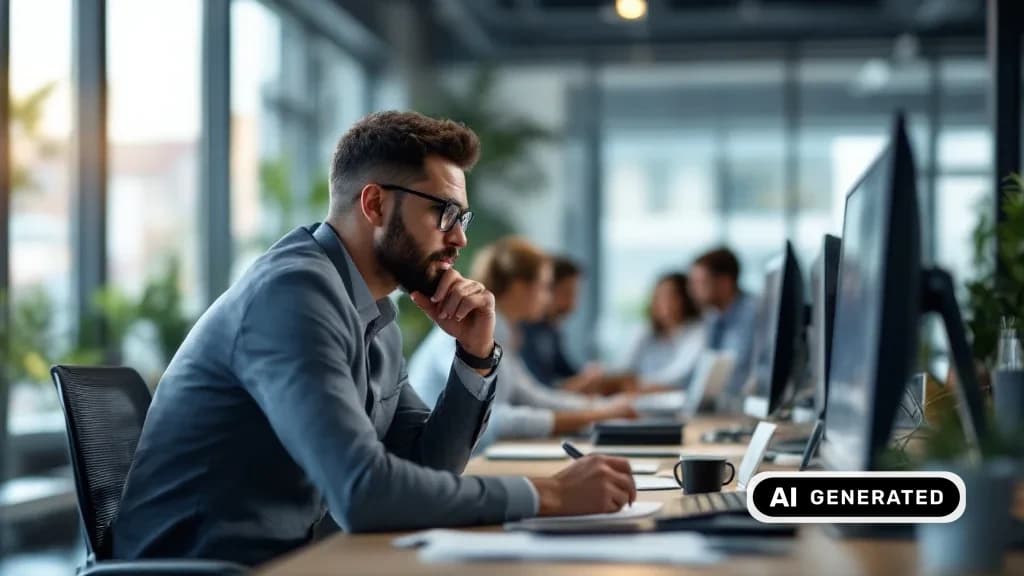 Unternehmer wägt eine Entscheidung ab, Team im Hintergrund