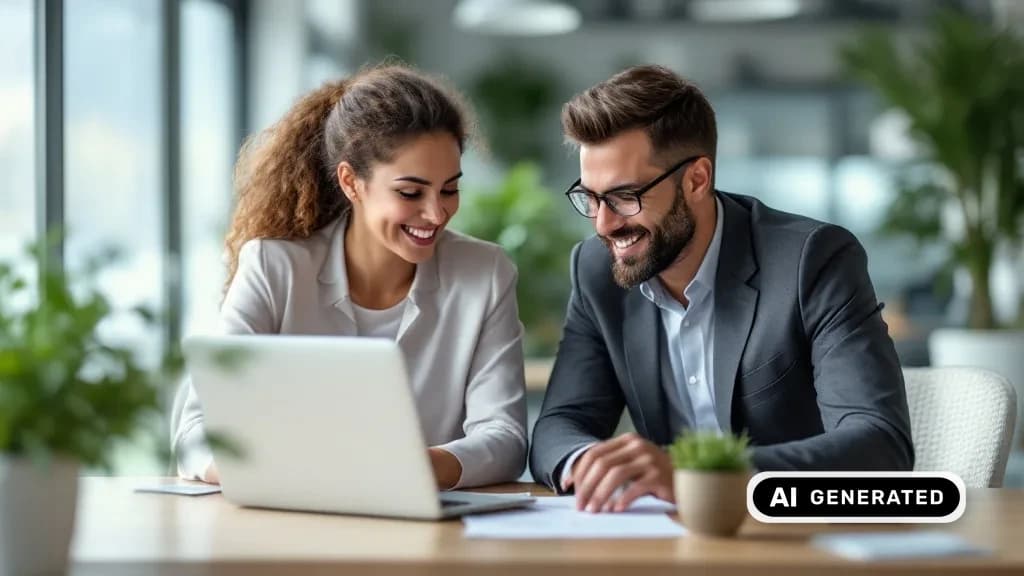 Beraterin und Kunde besprechen ein Marketing-Angebot am Laptop