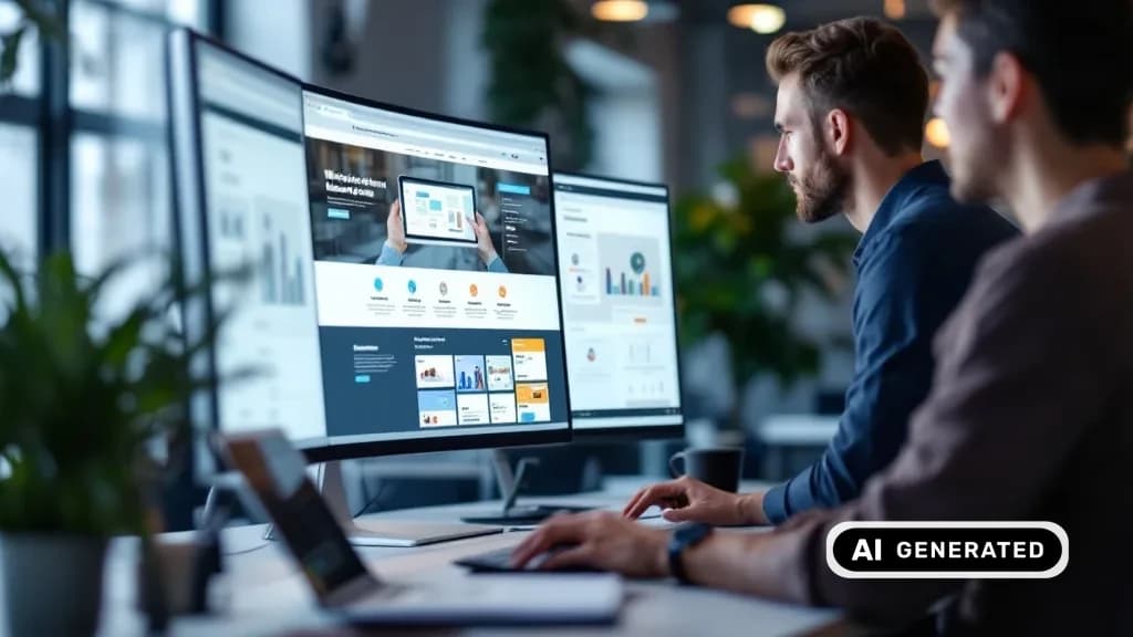 Team arbeitet am Website-Redesign vor Bildschirmen